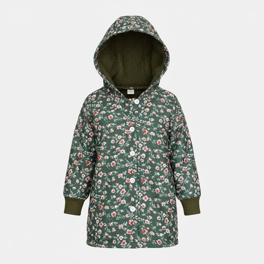 SHEIN Kids Floral Puffer Coat Green Pink Sherpa Lined Hooded Quilted Jacket - Picture 1 of 4